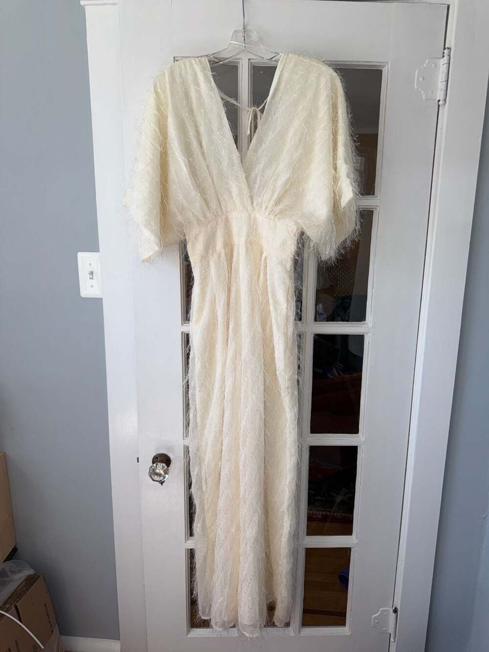 MABLE Ivory Eyelash Textured Open Back Wide Leg Jumpsuit Size S
